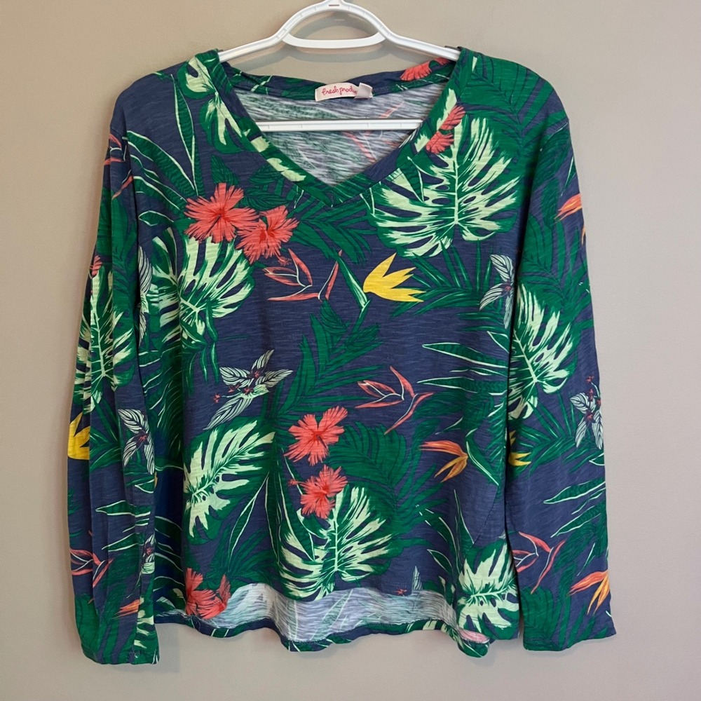 Fresh Produce Women L Tropical Floral Slub Cotton V-Neck Beach Resort Coastal